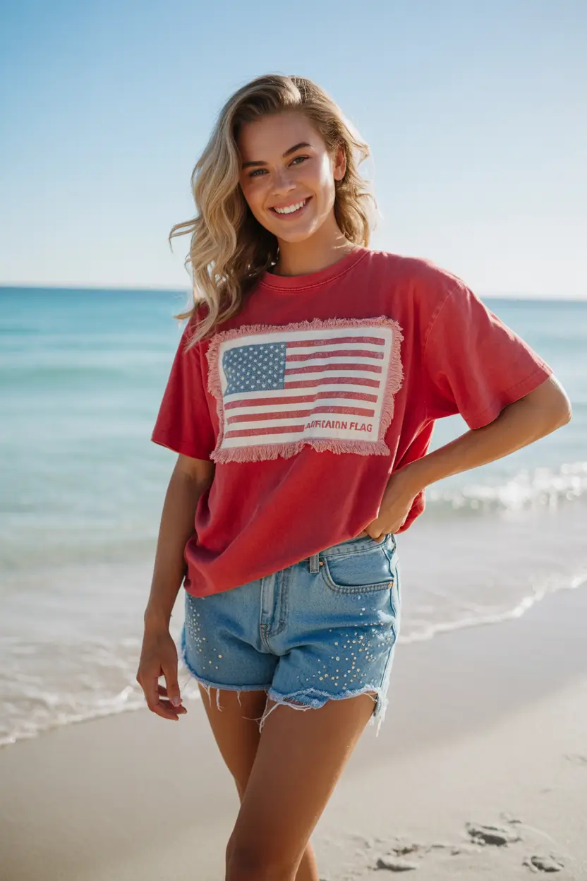 4th of July 2025 Outfits Easy & Cute ideas Fringe Flag Tee & Salty Beach Vibes