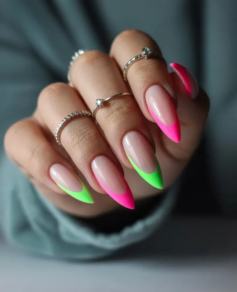 Almond Nail Inspo+Neon French Tips With Attitude