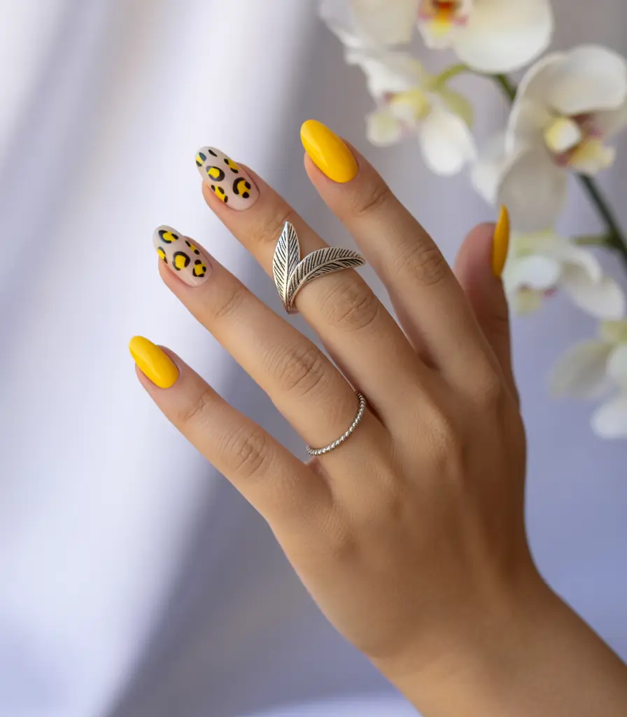 Almond Nail Inspo+Sunspot Safari with Yellow Accents