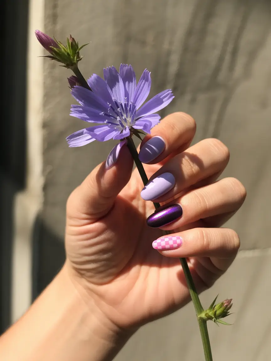Almond Nail Inspo+Violet Bloom with Checkerboard Charm
