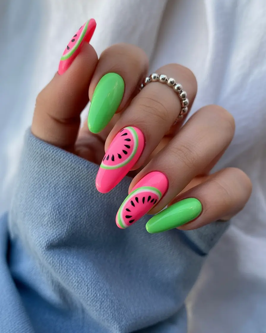 watermelon-almond-nail-art-Watermelon-Pop-Summer