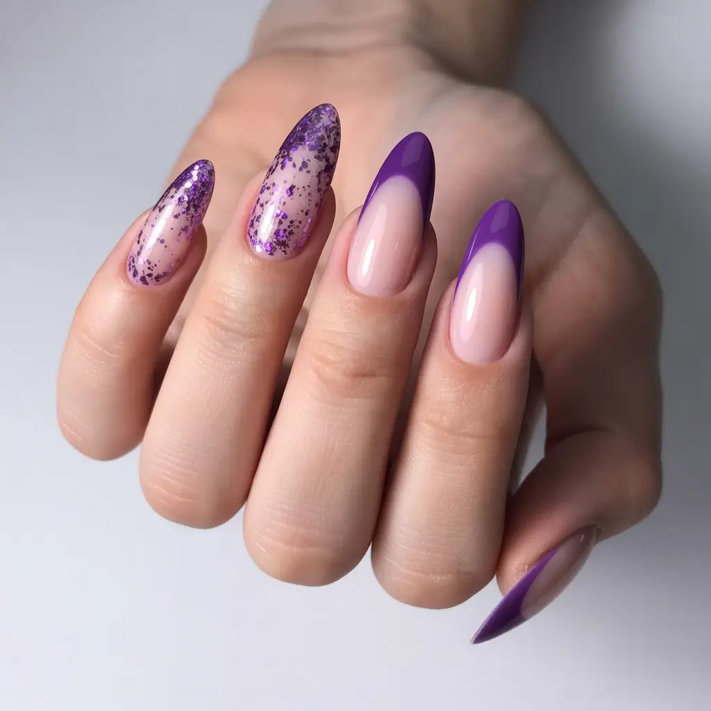 lavender-glitter-french-tip-almond-nails-Purple-Shimmer-Chic