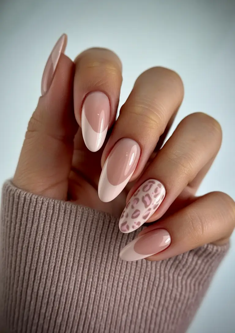 Almond Nail Inspo+Classic Pink with a Leopard Twist