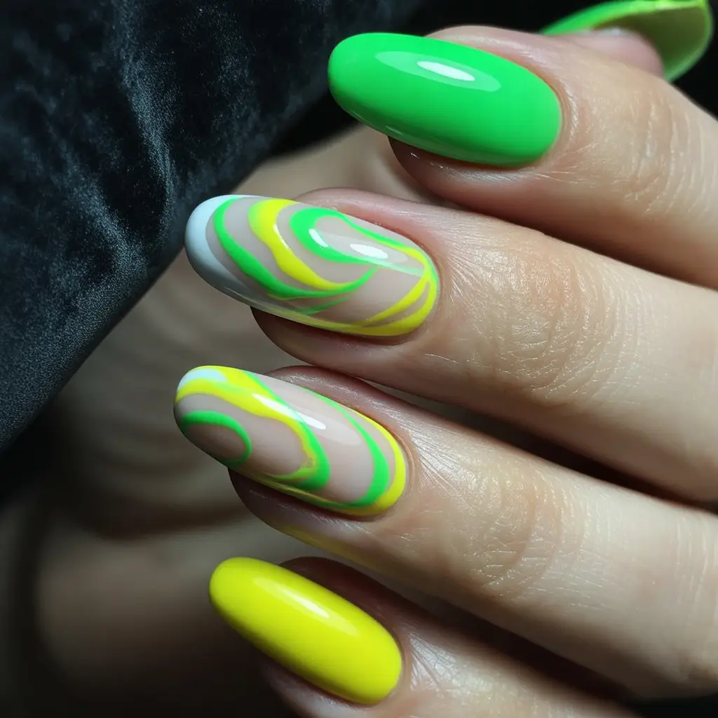 Almond Nail Inspo+Electric Swirl in Green and Yellow