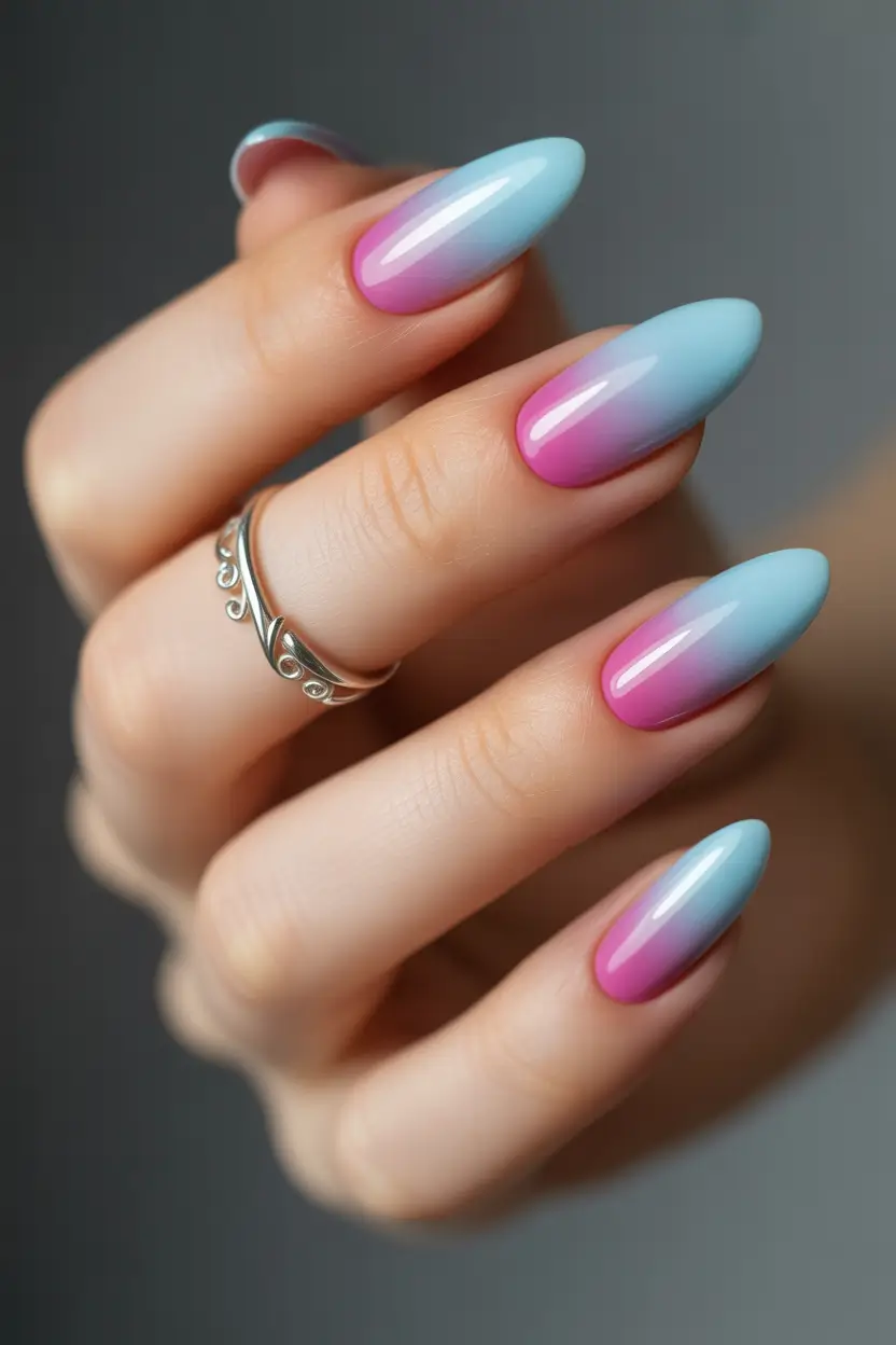 Almond Nail Inspo+Sunset Skies in Baby Blue and Pink