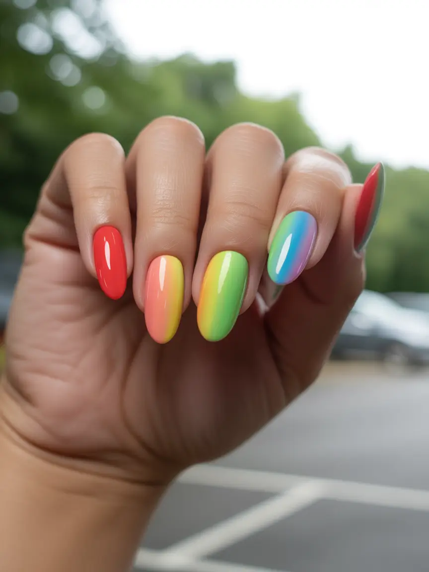 Almond Nail Inspo+Bold Rainbow Ombre for Main Character Moments