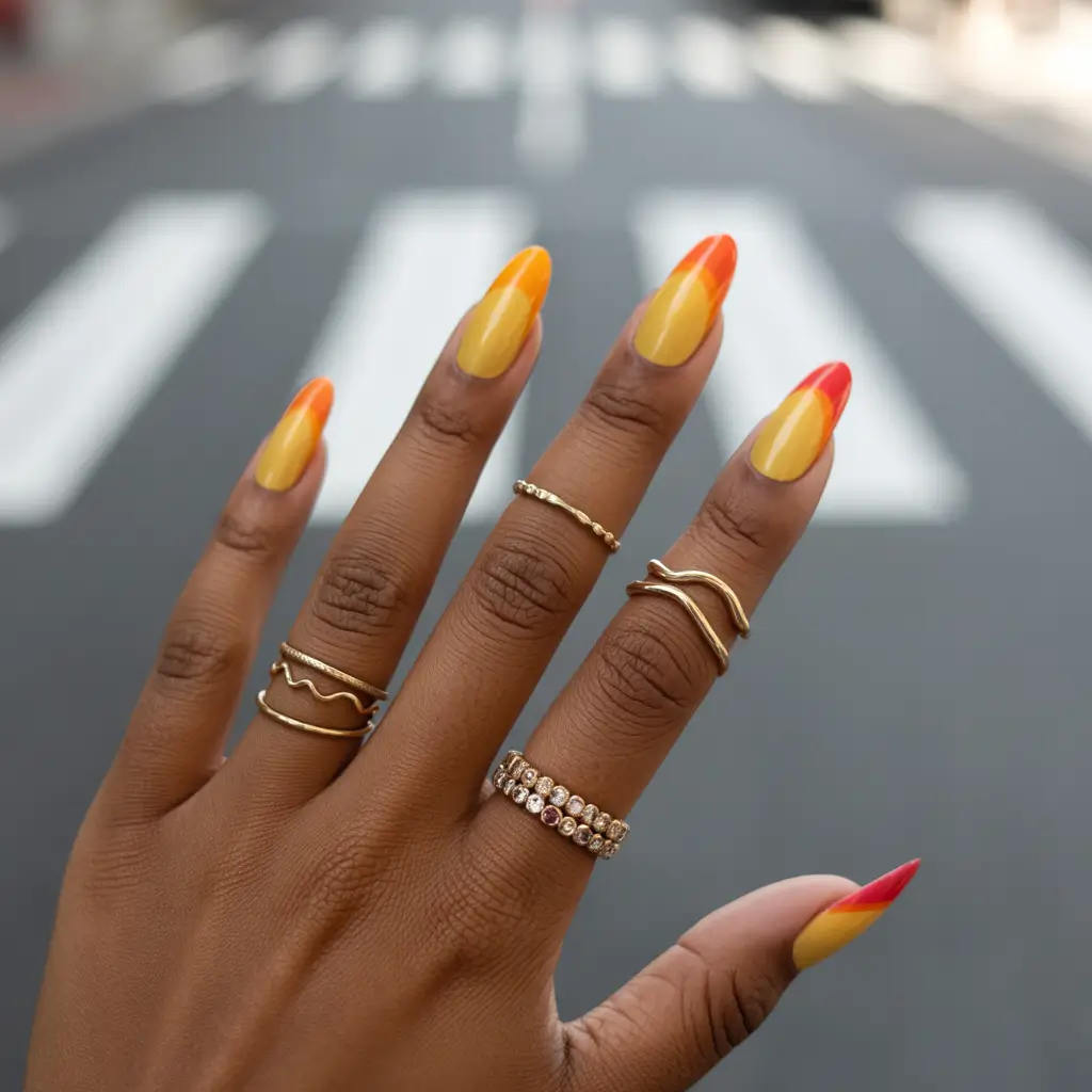Almond Nail Inspo+Sunset French with a Pop of Coral