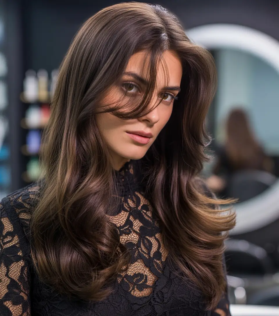 August hair color Rich Chocolate Brunette with Curtain Layers