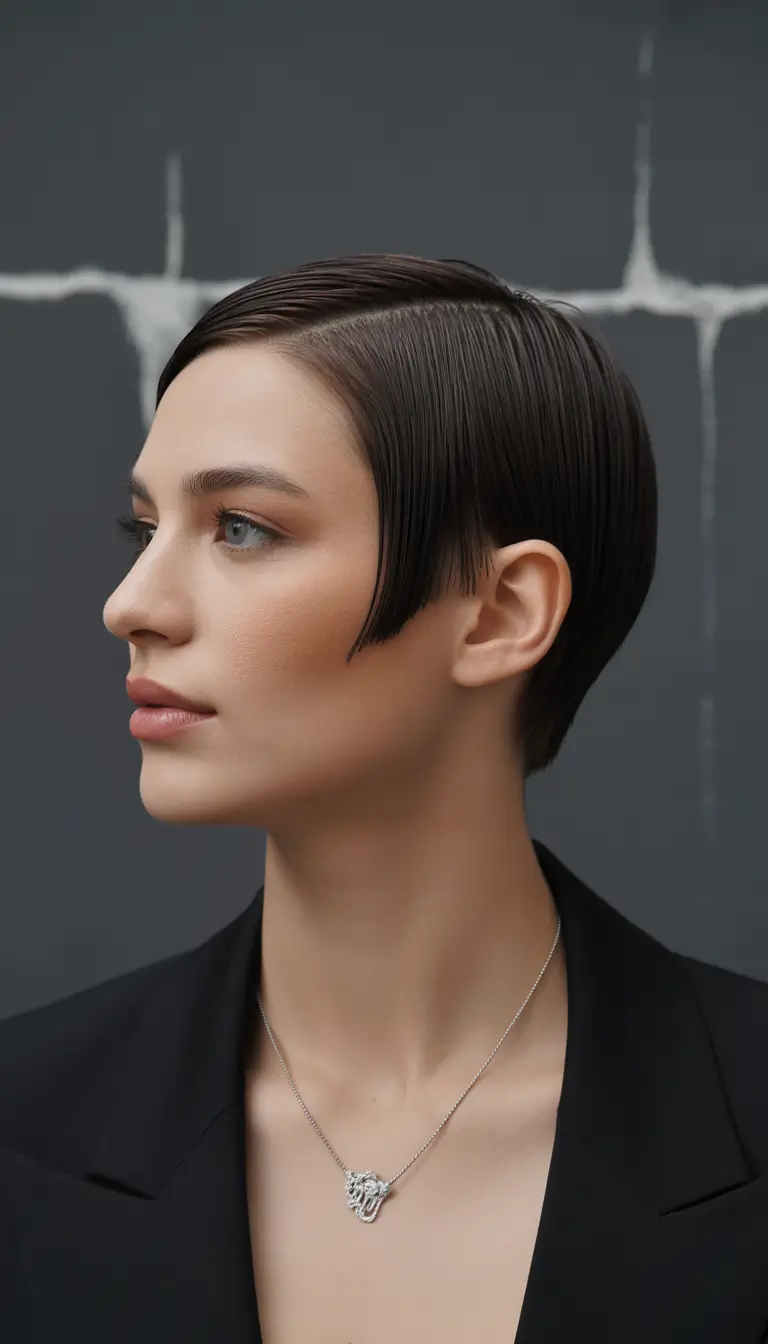 August hair color Sleek Graphite Crop with Sculptural Edges