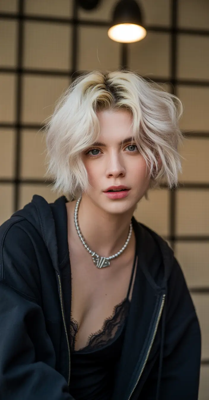 August hair color Rooty Platinum Bob with Soft Texture