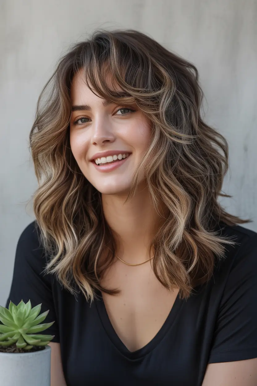 August hair color Cool Brunette Waves with Dimensional Highlights