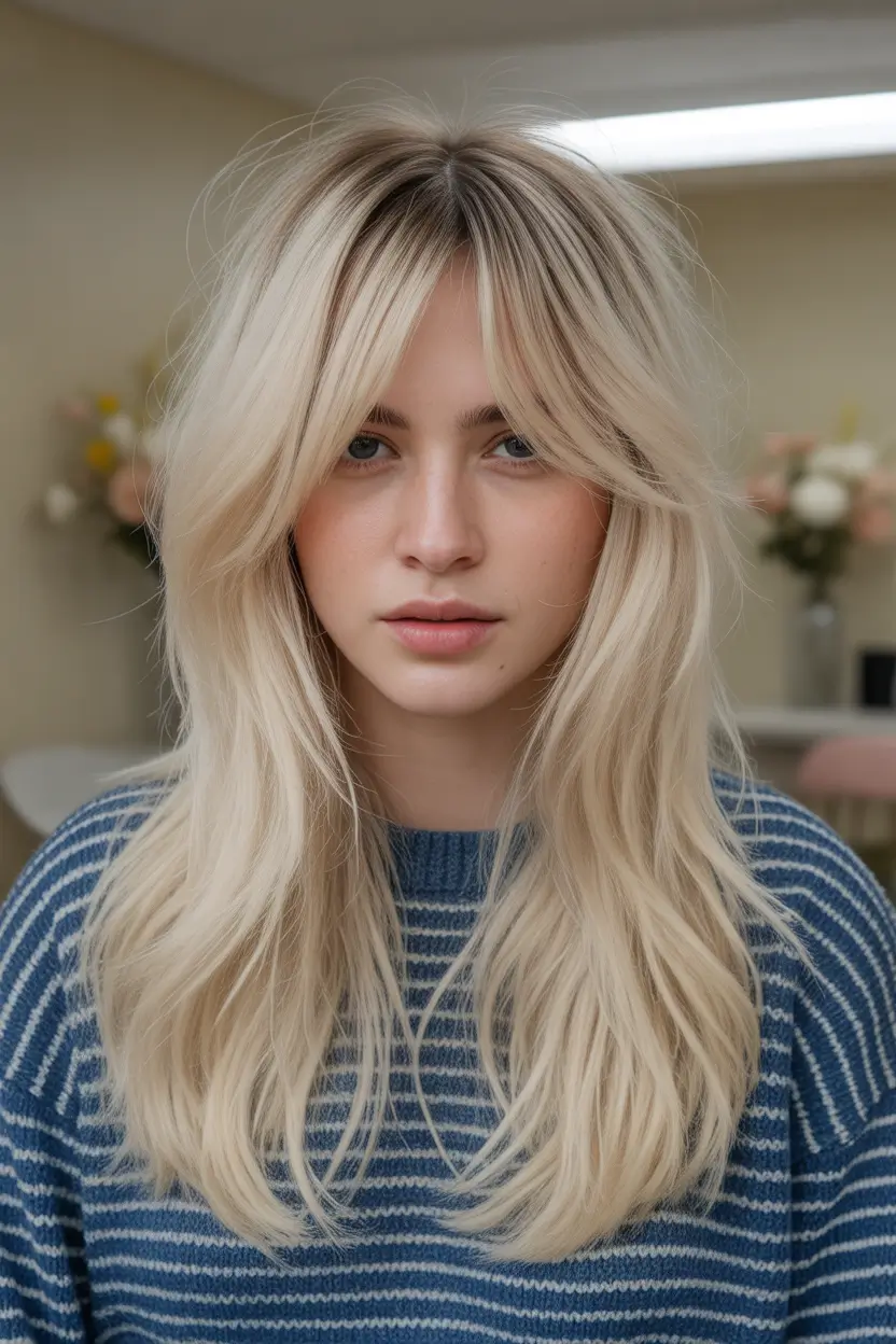 August hair color Airy Vanilla Blonde with Face-Framing Fringe