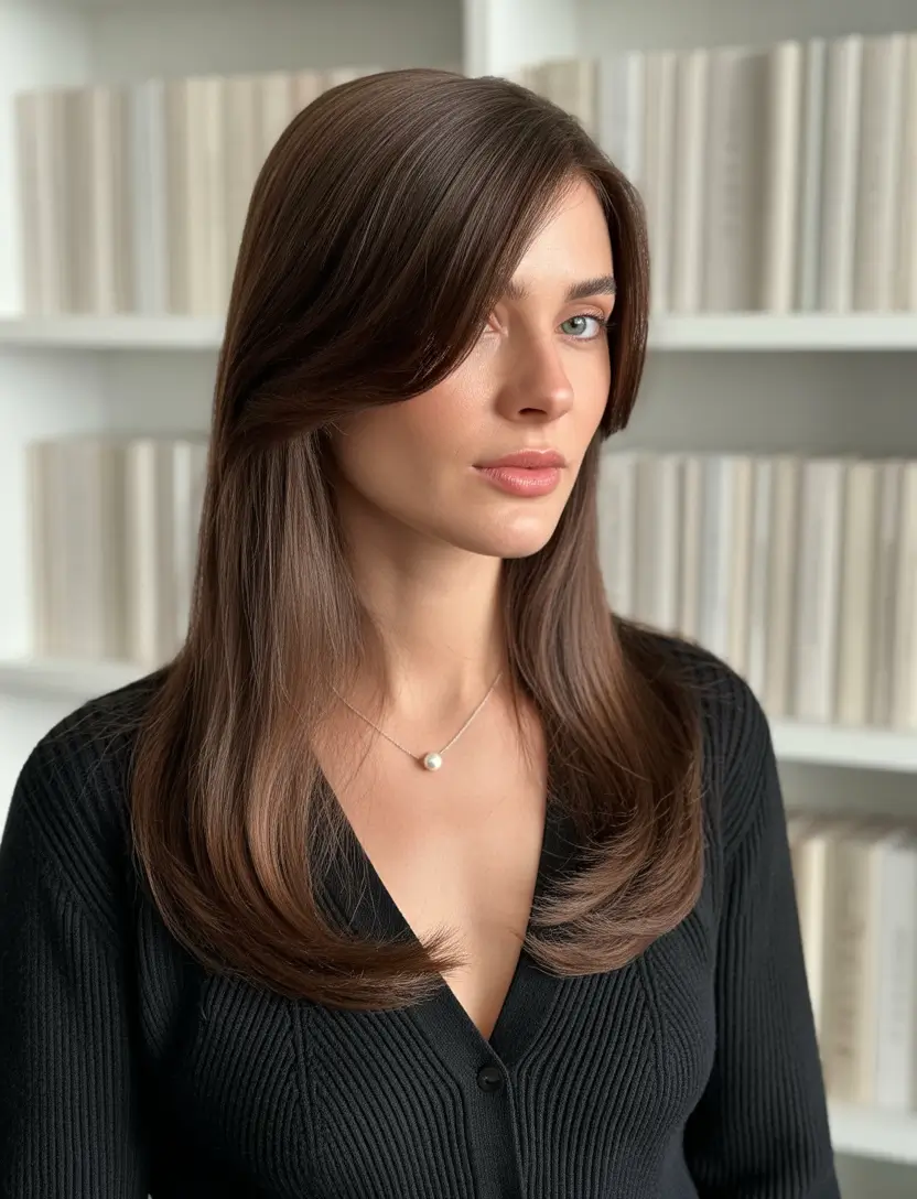 August hair color Sleek Espresso Layers with Face-Framing Flow