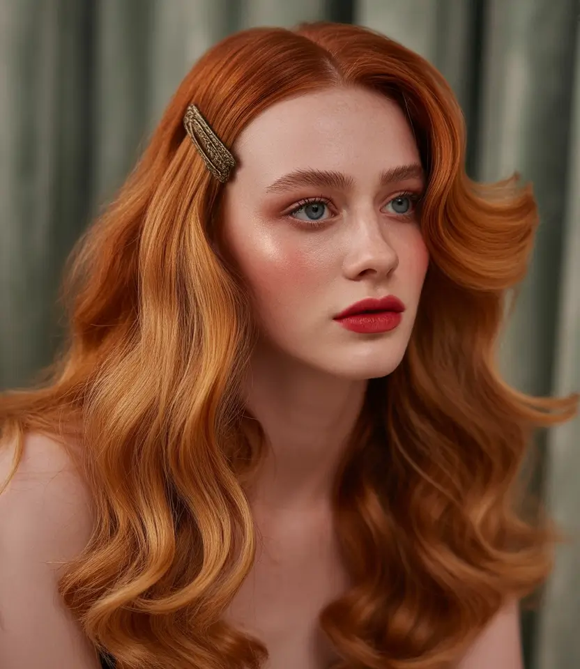 August hair color Golden Copper Waves with Retro Side Part
