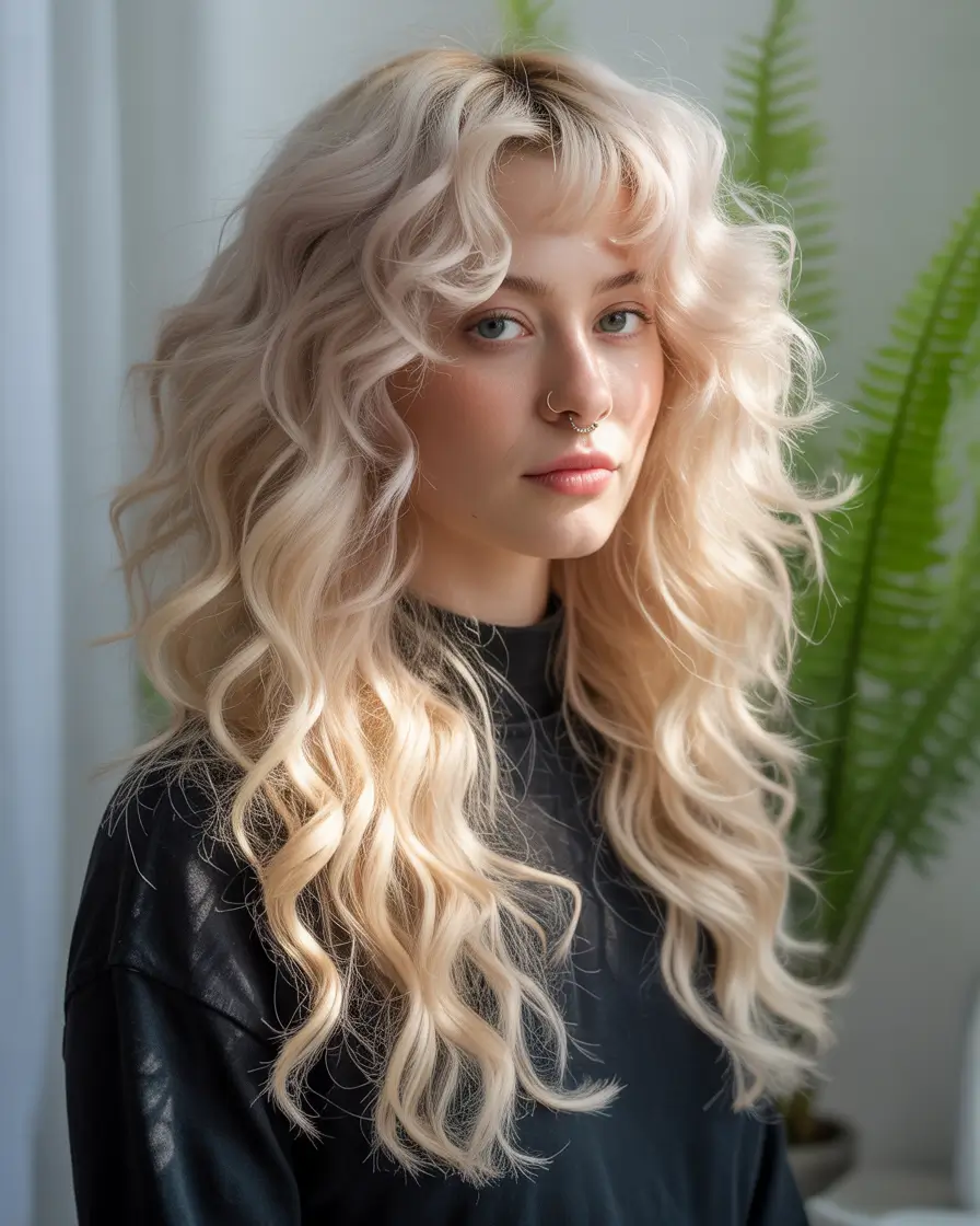 August hair color Soft Rosé Curls with Shaggy Bangs