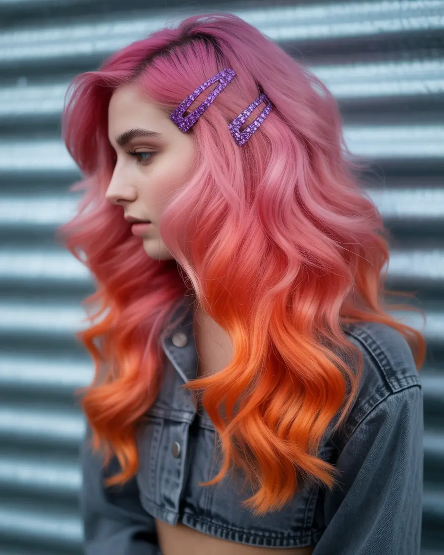 August hair color Sunset Melt Curls with Dip-Dyed Ends
