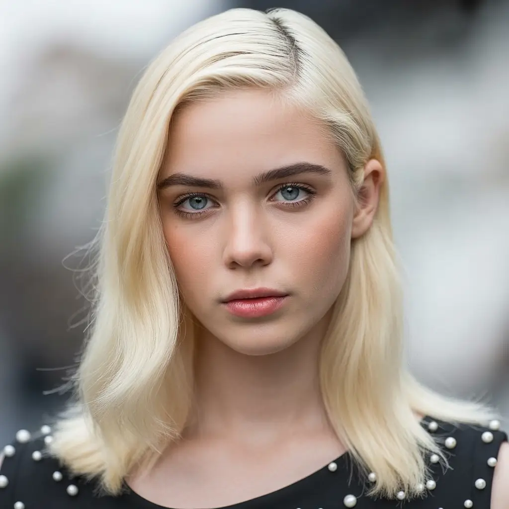 August hair color Frozen Pearl Blonde with a Classic Mid-Length Cut