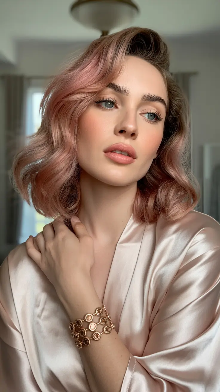 August hair color Rose Quartz Bob with Soft Metallic Dimension