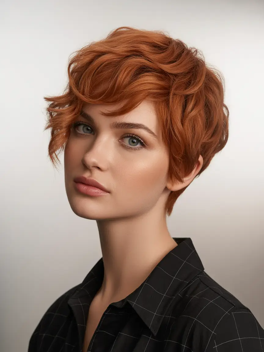August hair color Textured Auburn Pixie with Side Bang