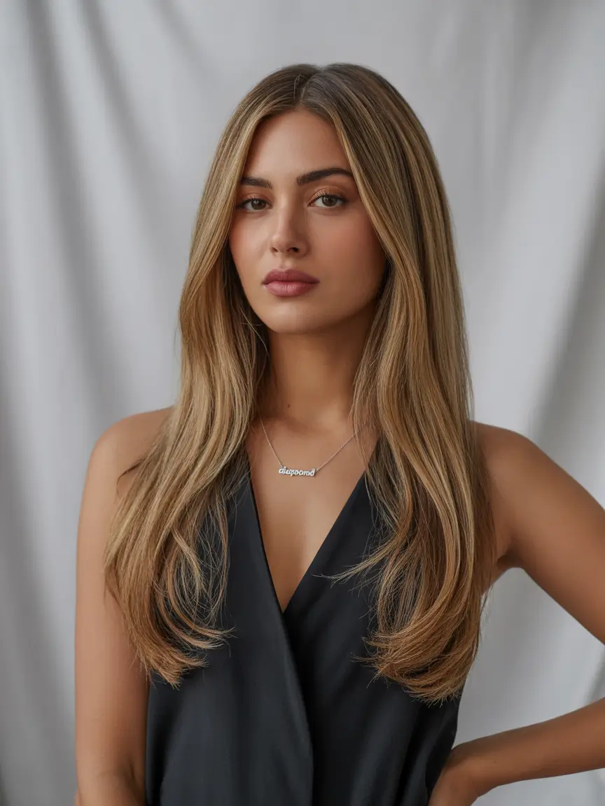 August hair color Latte Balayage on Sleek Layers