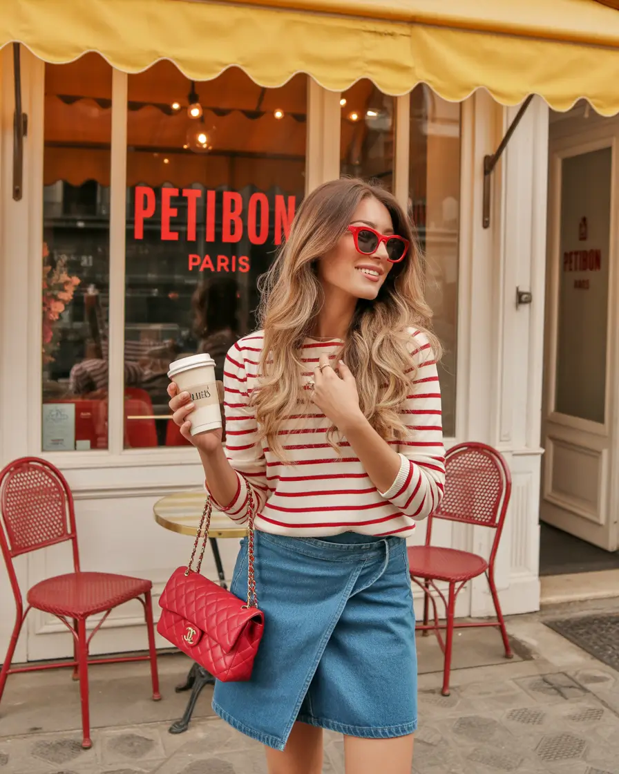 autumn outfits Parisian Pop: Denim and Stripes Done Right