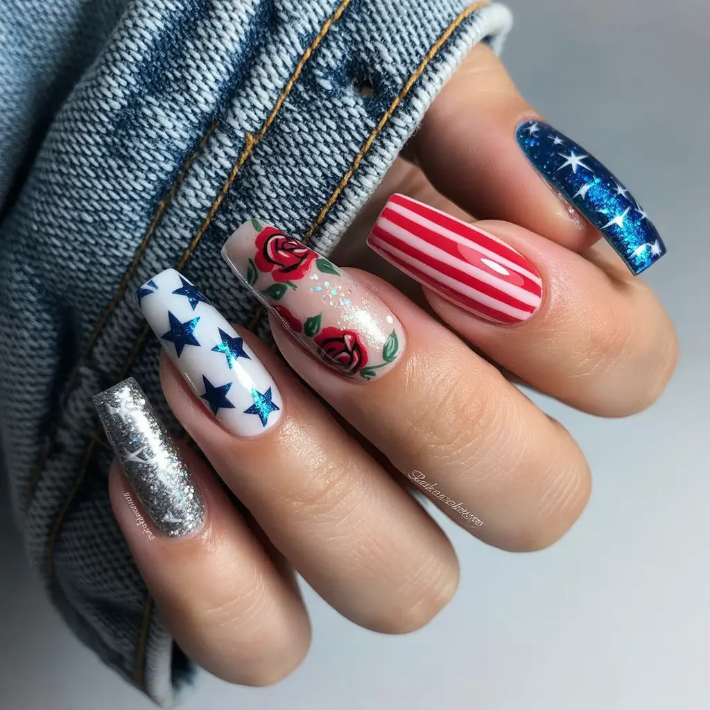 Best July Nail Colors for 2025 Red Roses & Firework Sky