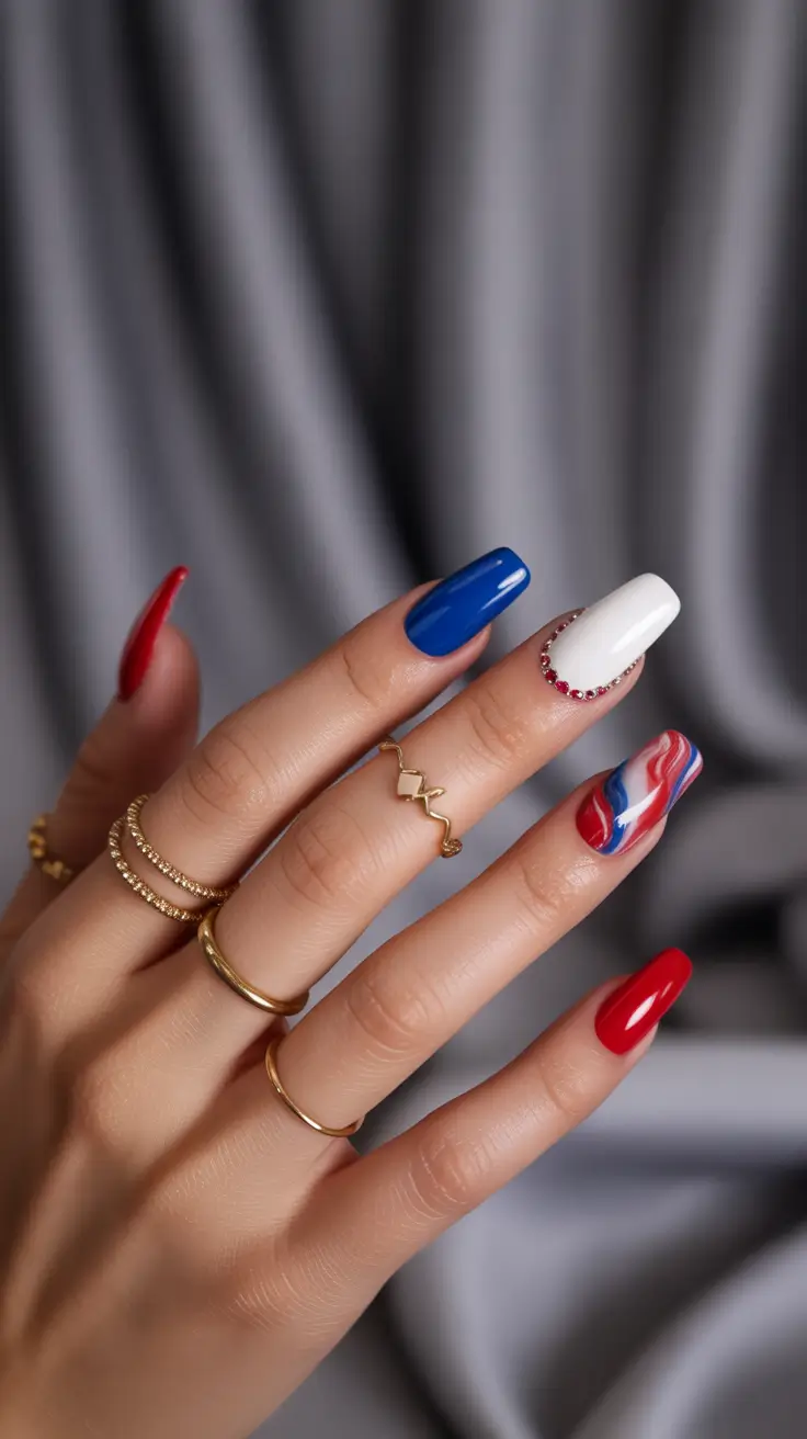 Best July Nail Colors for 2025 Rhinestone Trim & Painted Waves