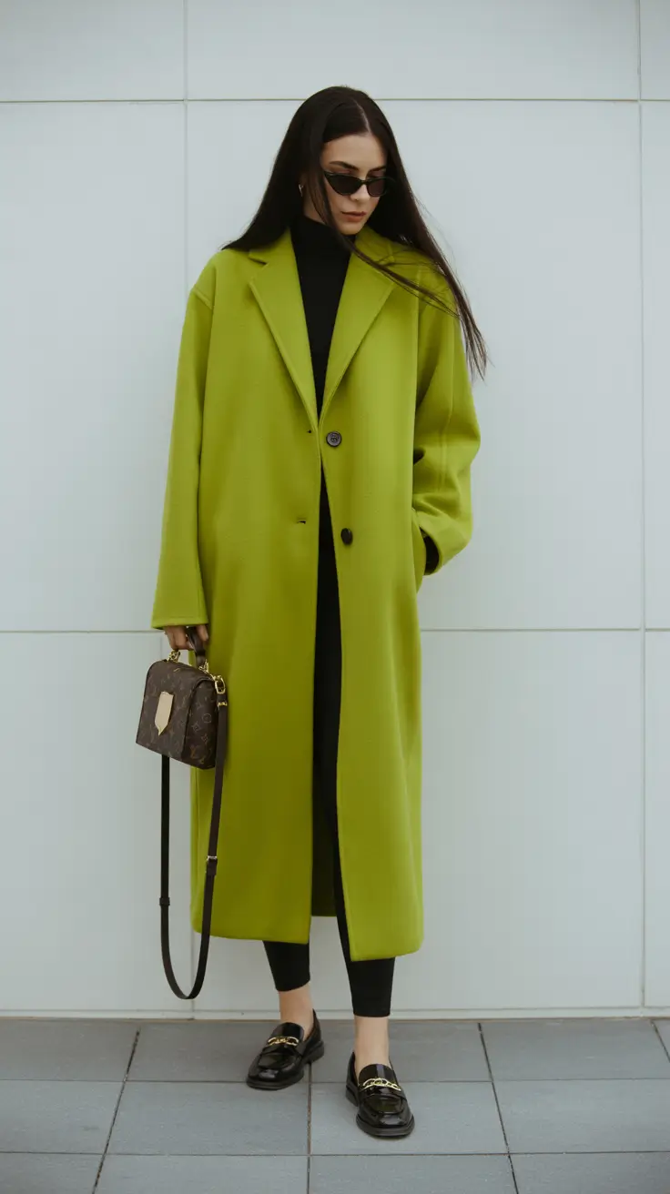 simple casual fall outfits Chartreuse Coats and Monochrome Magic