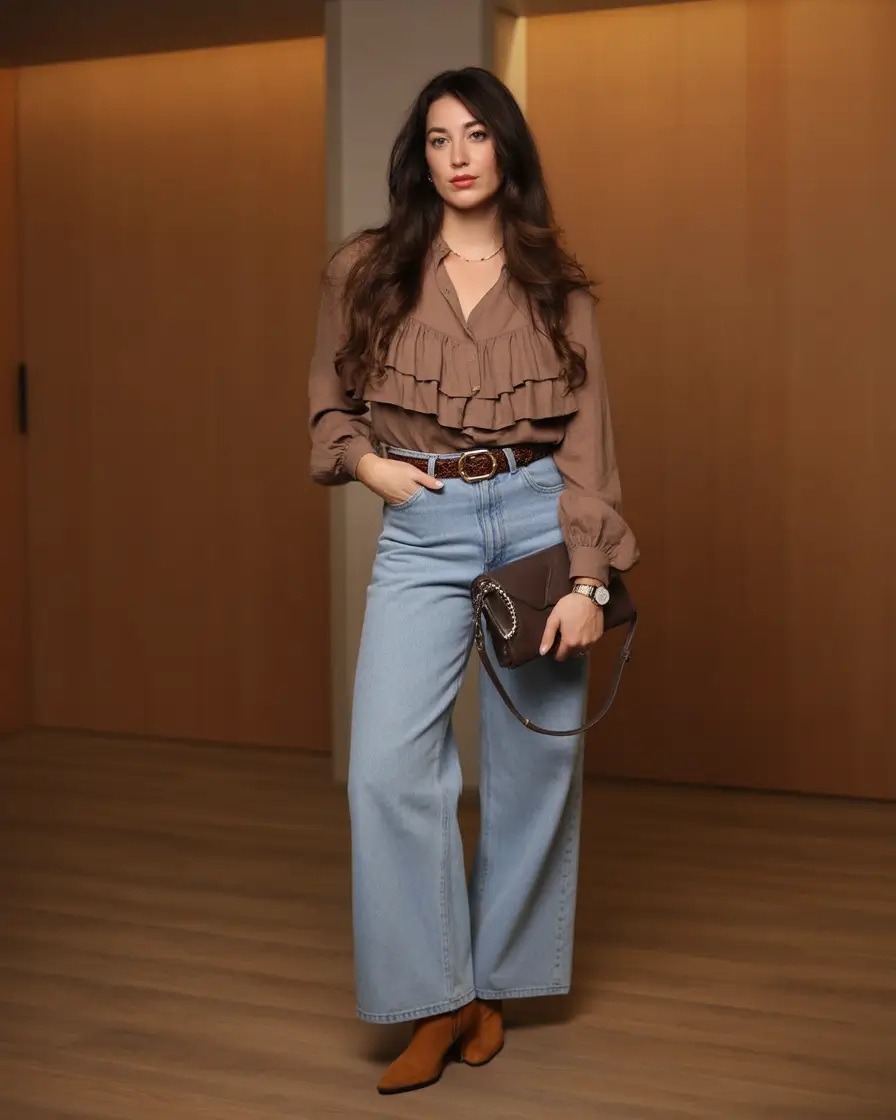 simple casual fall outfits Romantic Ruffles and Retro Denim