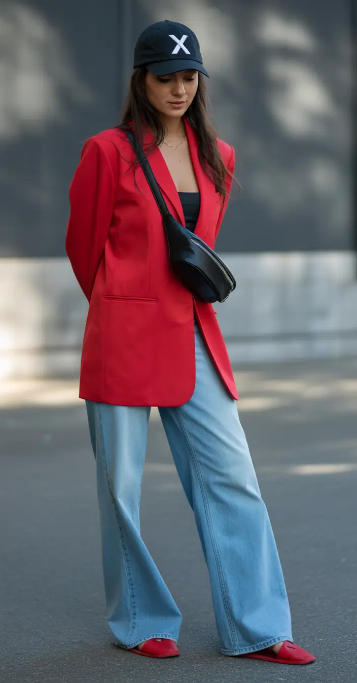 simple casual fall outfits Bold Red Blazer and Denim Done Right