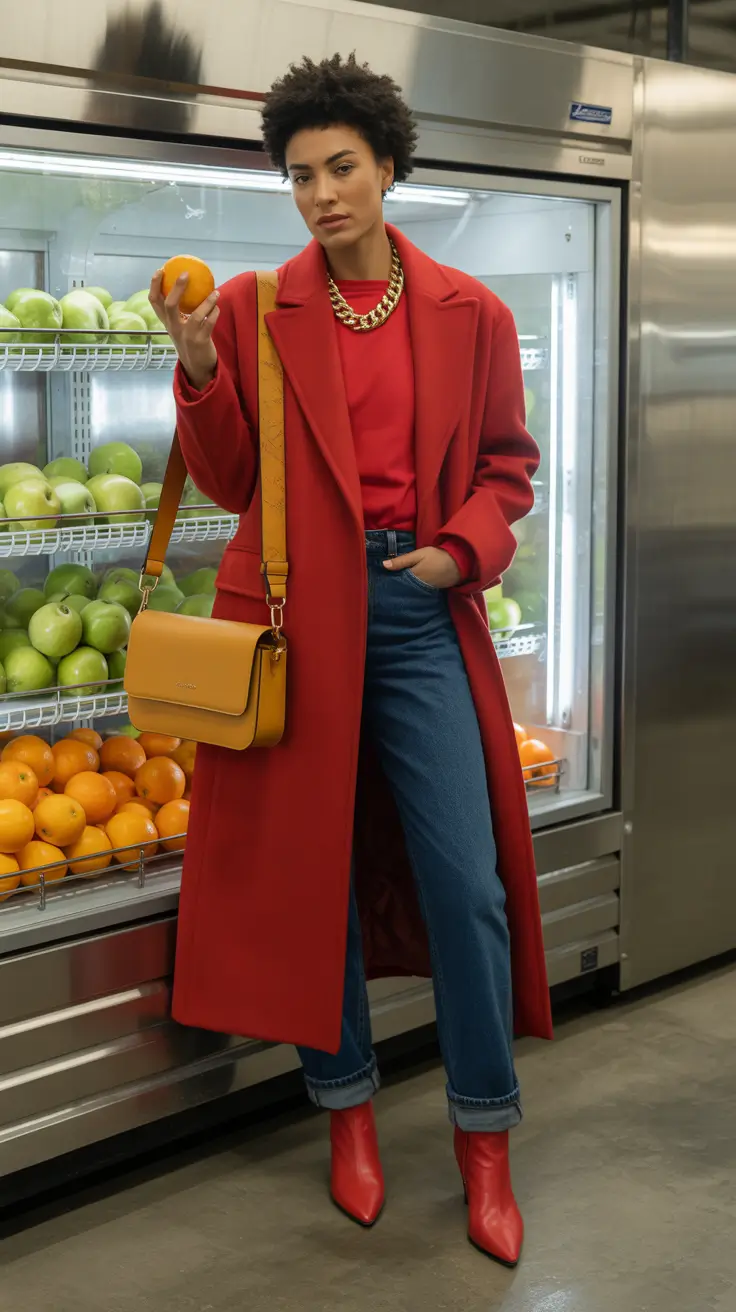 simple casual fall outfits Monochrome Red with a Mustard Twist