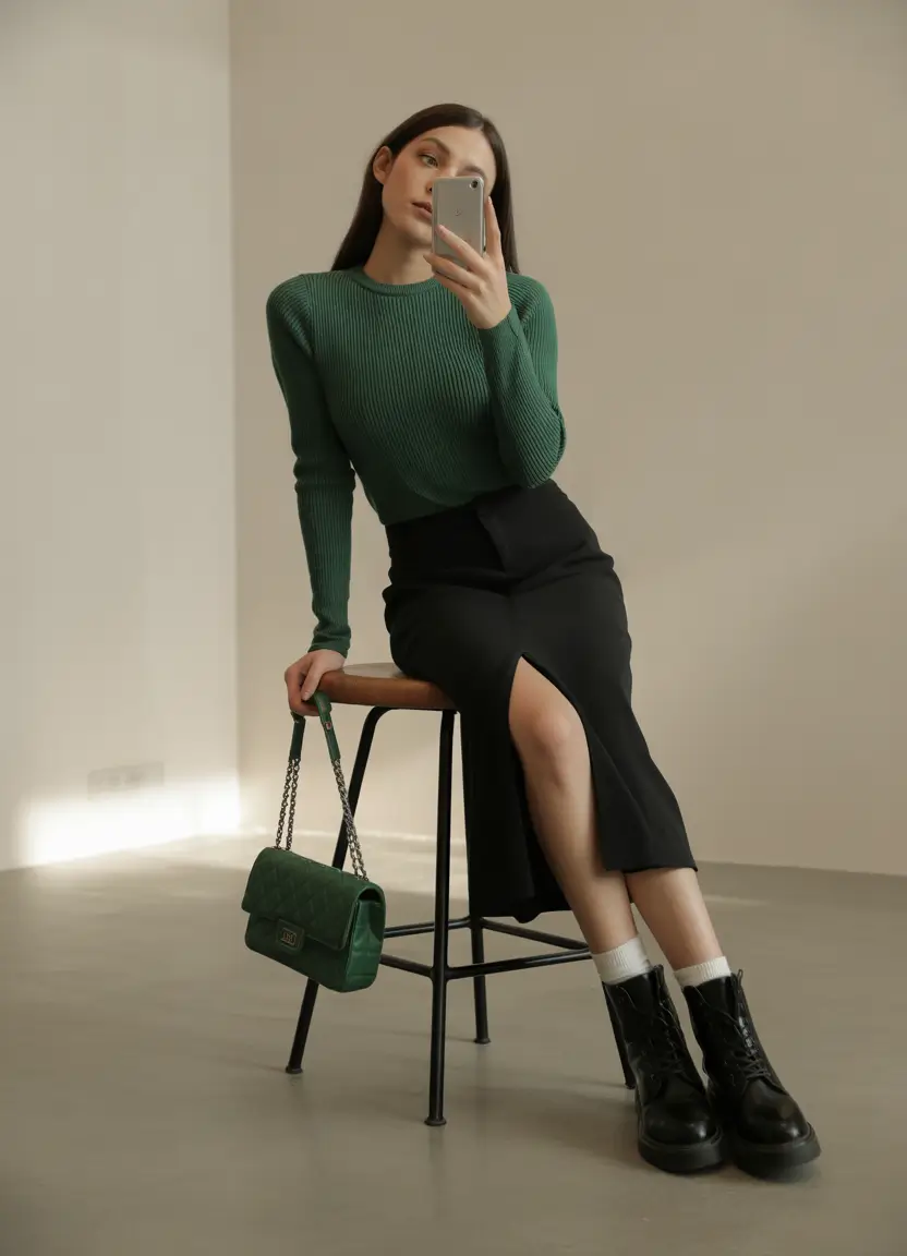 simple casual fall outfits-Green Sweater, Black Skirt, Endless Possibilities