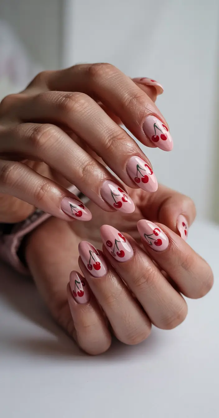 Cherry Nail Inspo That Pops in 2025 Blushed Almond Cherry Swirl
