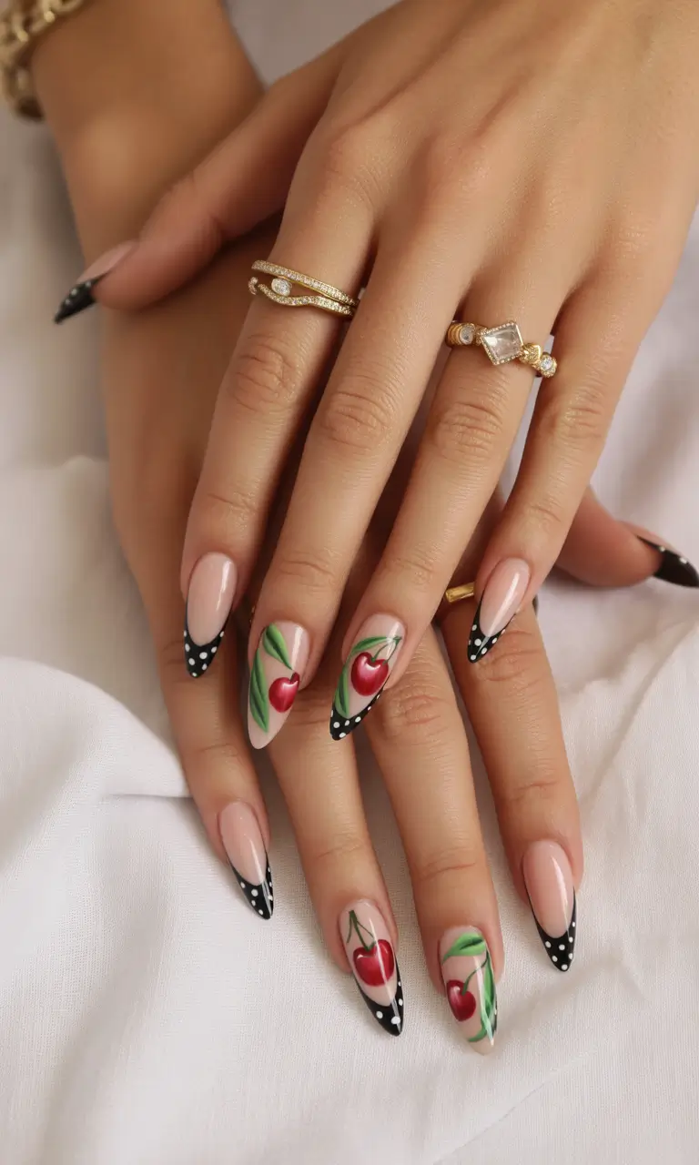 Cherry Nail Inspo That Pops in 2025 Polka Noir Cherry Drama