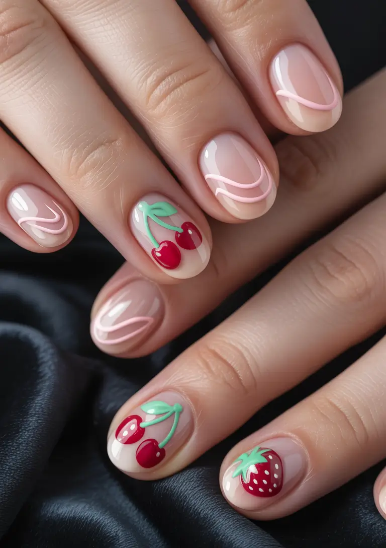 Cherry Nail Inspo That Pops in 2025 Cherries and Cream Swirl