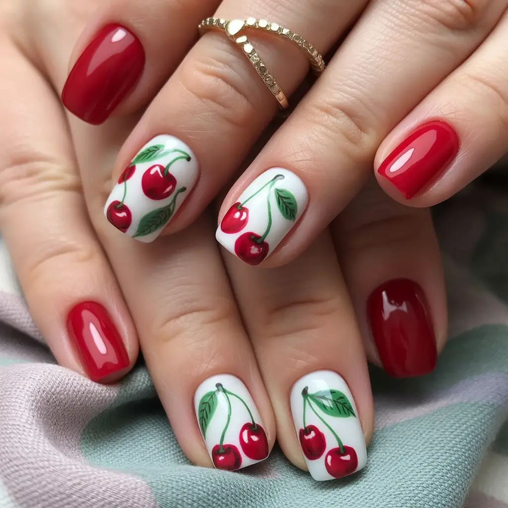 Cherry Nail Inspo That Pops in 2025+Classic Square Cherry Red Meets Crisp White Canvas