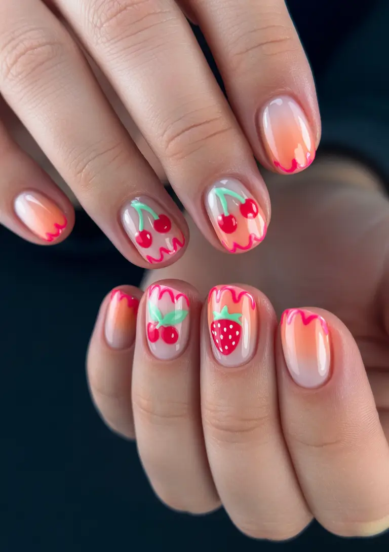 Cherry Nail Inspo That Pops in 2025+Fruit Punch Fantasy with Cherry-Topped Drips