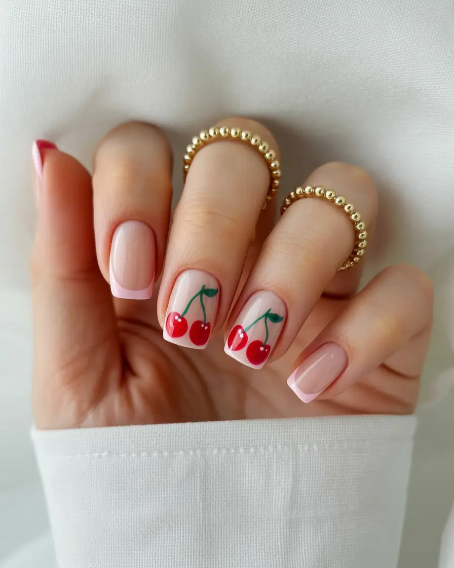 Cherry Nail Inspo That Pops in 2025+French Pink Chic with a Cherry on Top