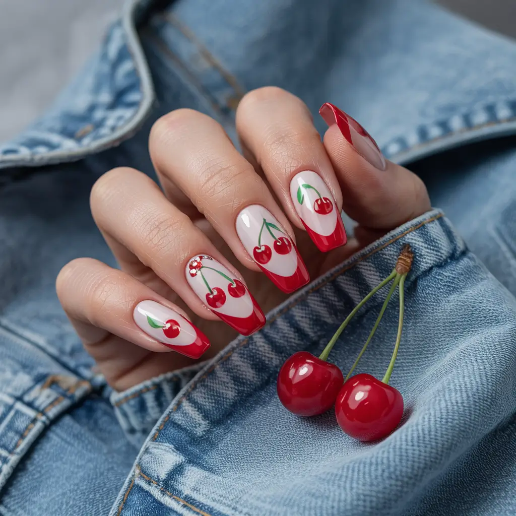 Cherry Nail Inspo That Pops in 2025+Red French Revival: Denim, Cherries & Drama