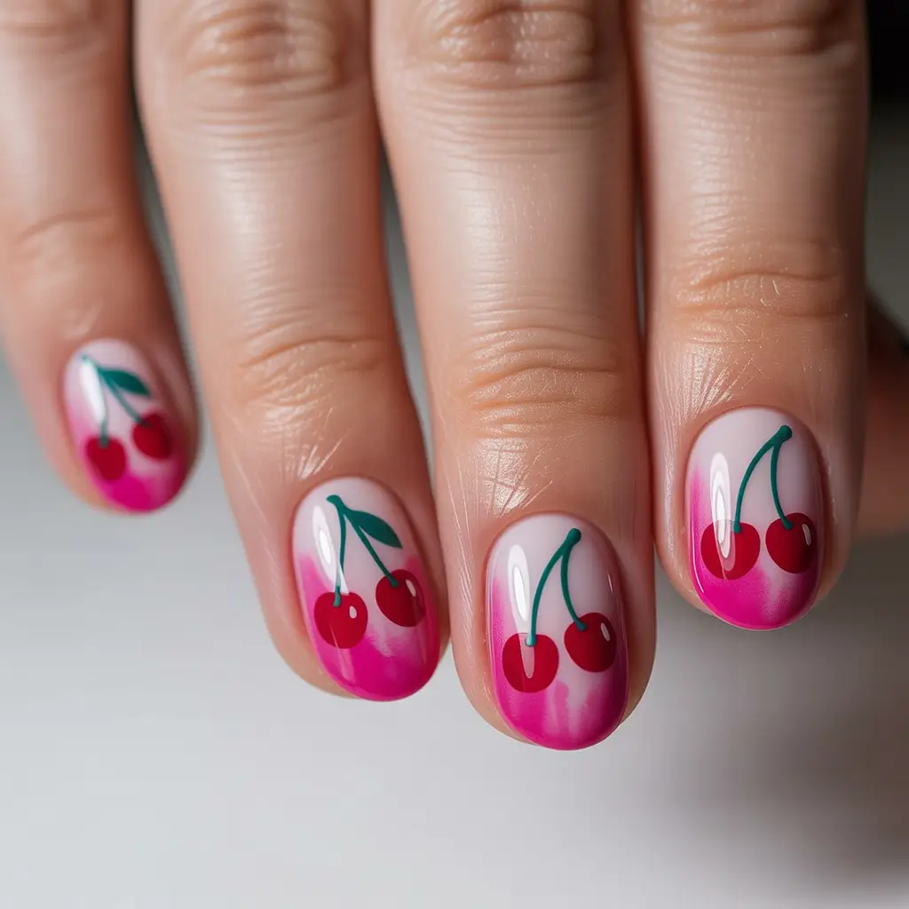 Cherry Nail Inspo That Pops in 2025+Cherry Pop Ombre with a Neon Twist