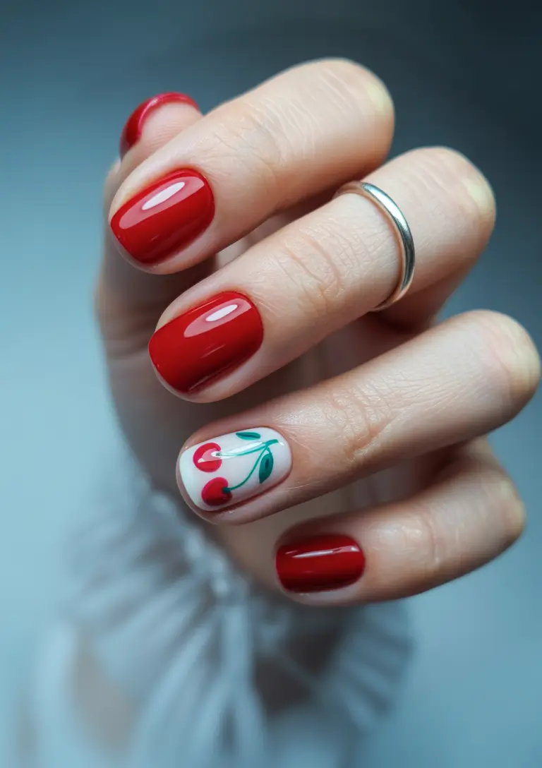Cherry Nail Inspo That Pops in 2025 Cherry Accent With Classic Red