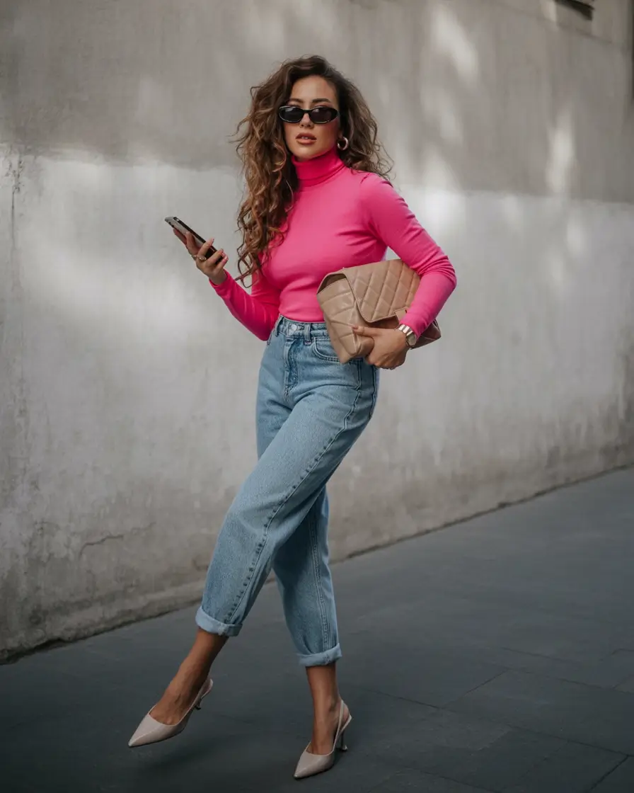 mom-outfits-for-fall-Highlighter-Pink-and-Denim-Bold-Meets-Basic