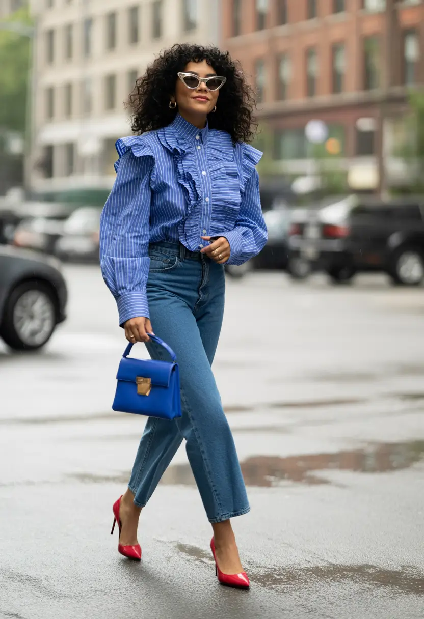 mom-outfits-for-fall-Bold-in-Blue-and-Red-Color-Confidence-on-a-Rainy-Day