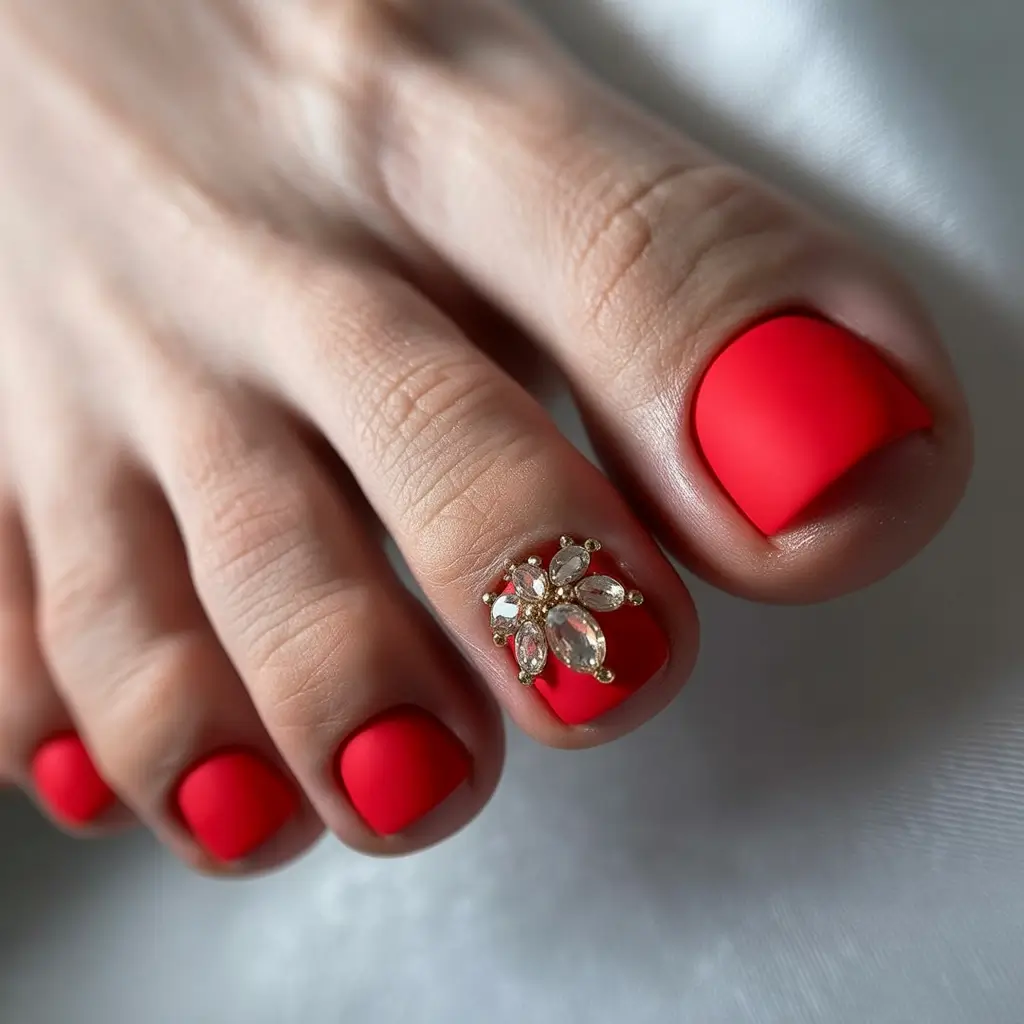 Cute July Toe Nails for Summer 2025 Ruby Matte & Crystals