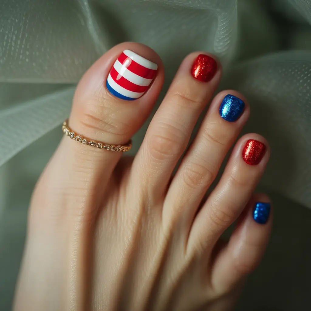 Cute July Toe Nails for Summer 2025 Patriotic Pop Art Stripes