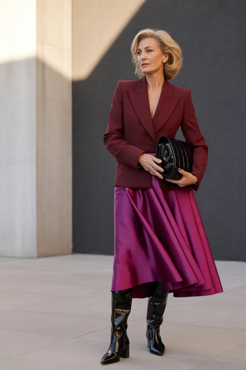 fall outfits for women over 50 Gloss Meets Structure in Wine & Berry