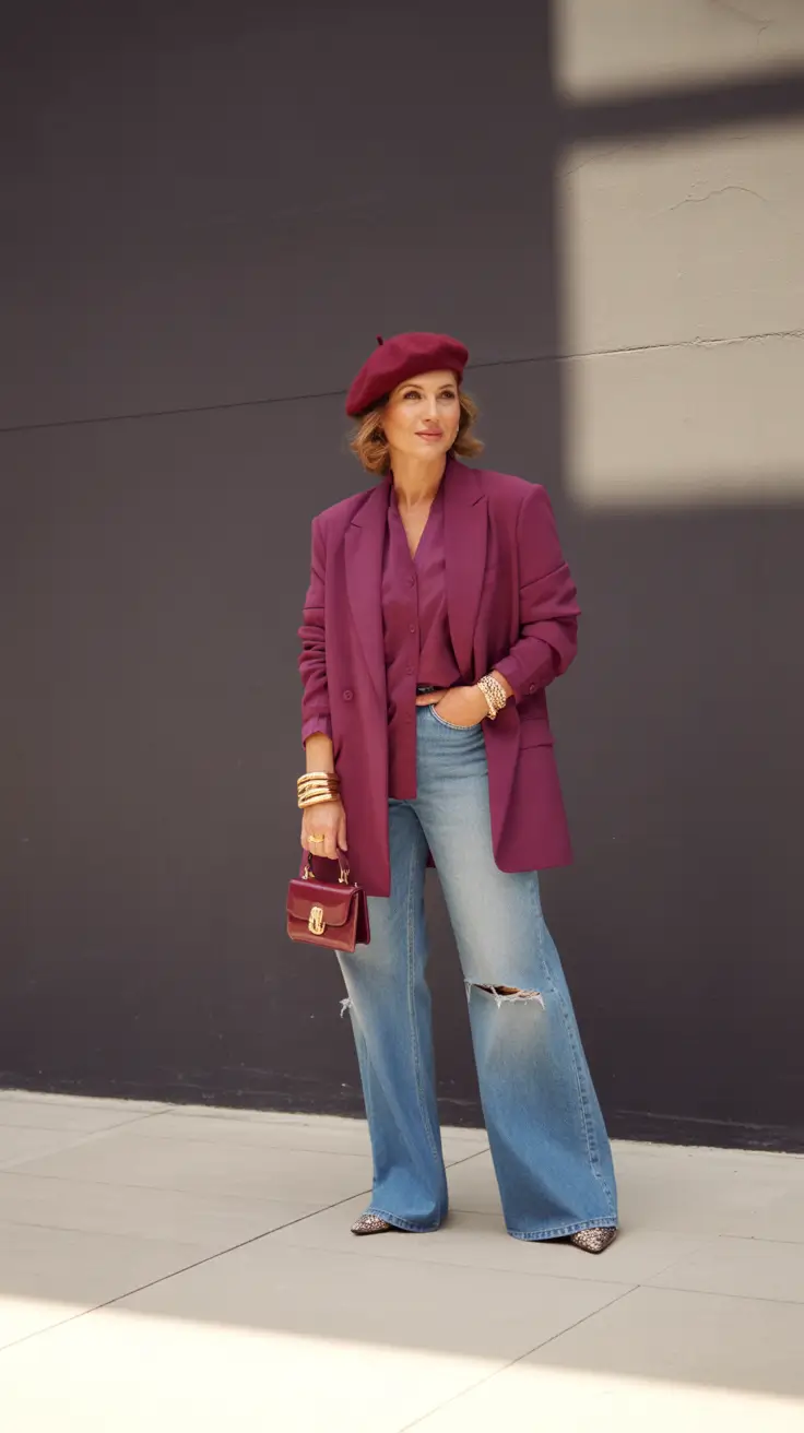 fall outfits for women over 50 Bordeaux Blazer & Denim Attitude