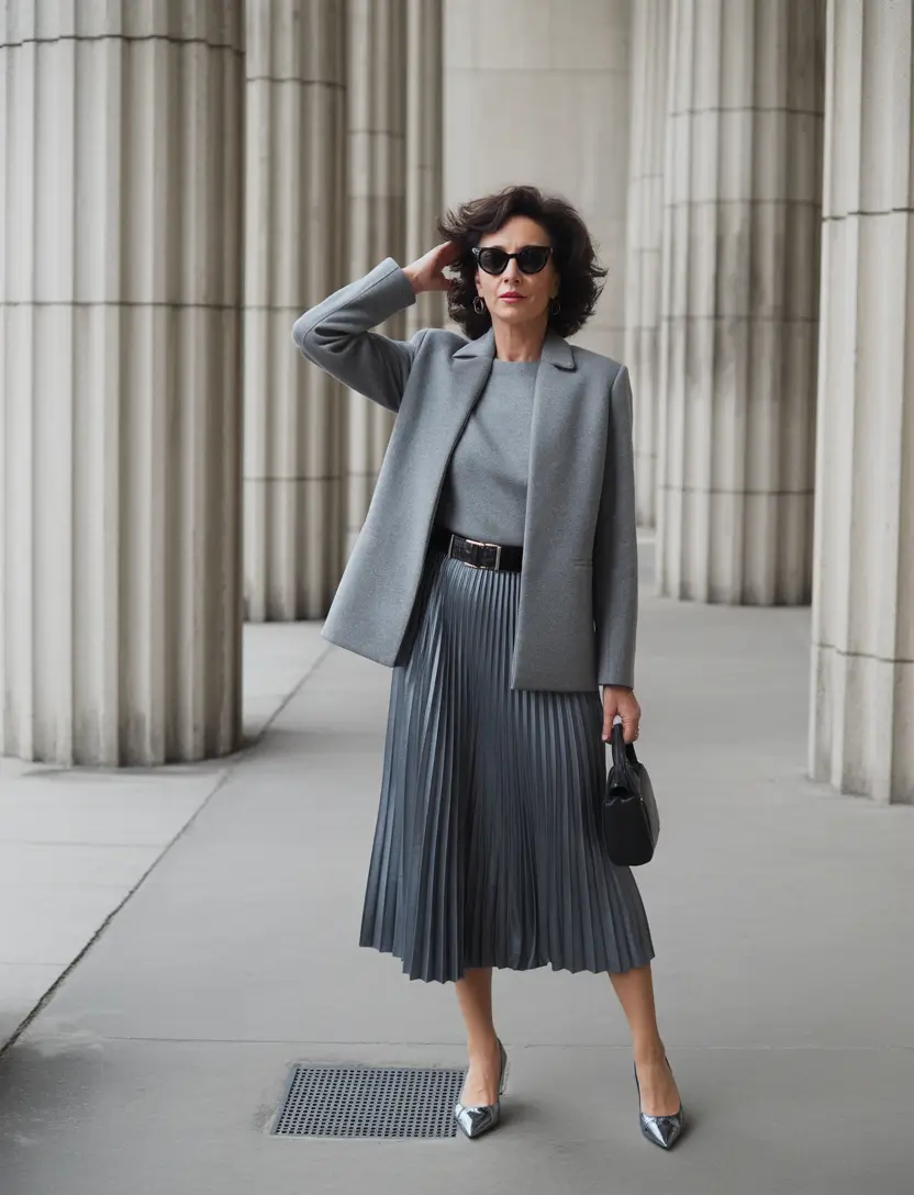 fall outfits for women over 50+Steel Tones & Pleats Please