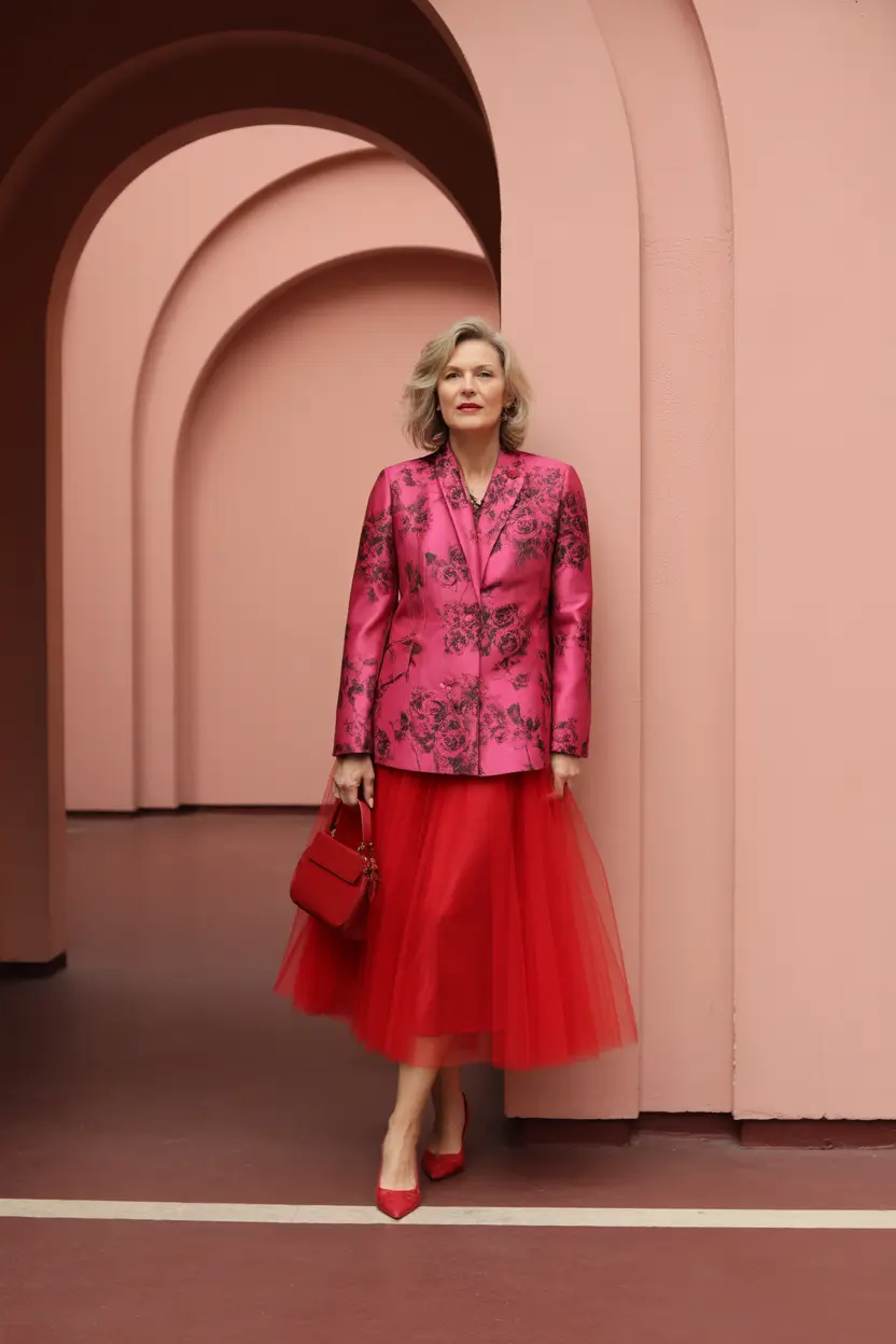 fall outfits for women over 50 Statement Tulle & Floral Satin