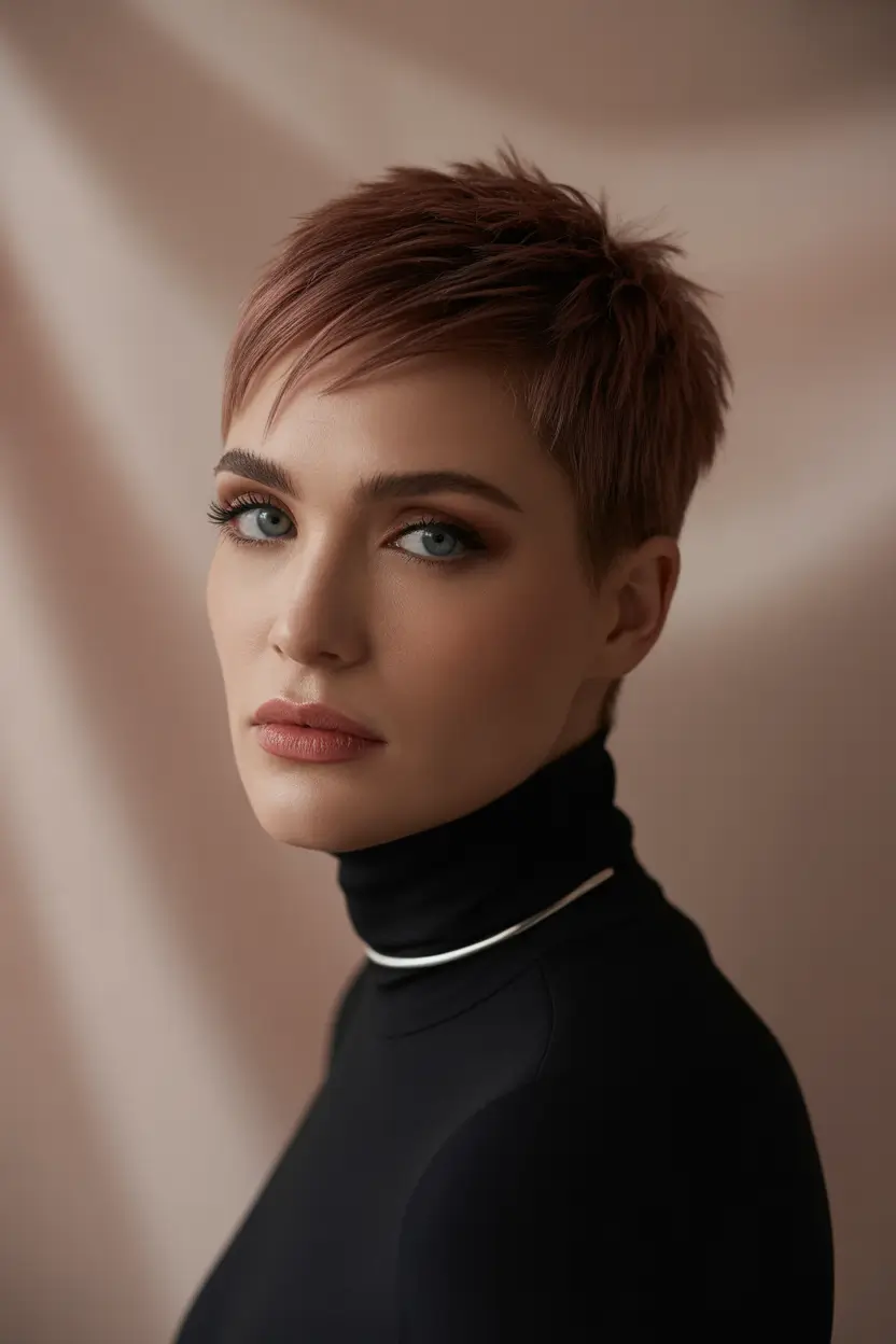 Fall haircut Modern Pixie with Dusty Mauve Tones